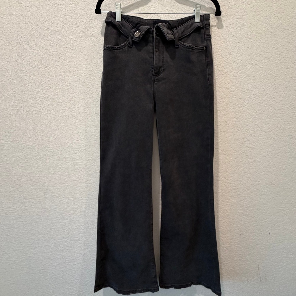 Risen Jeans Black Double Waistband Wide Leg Jeans Distressed Raw Hem Size 3 26